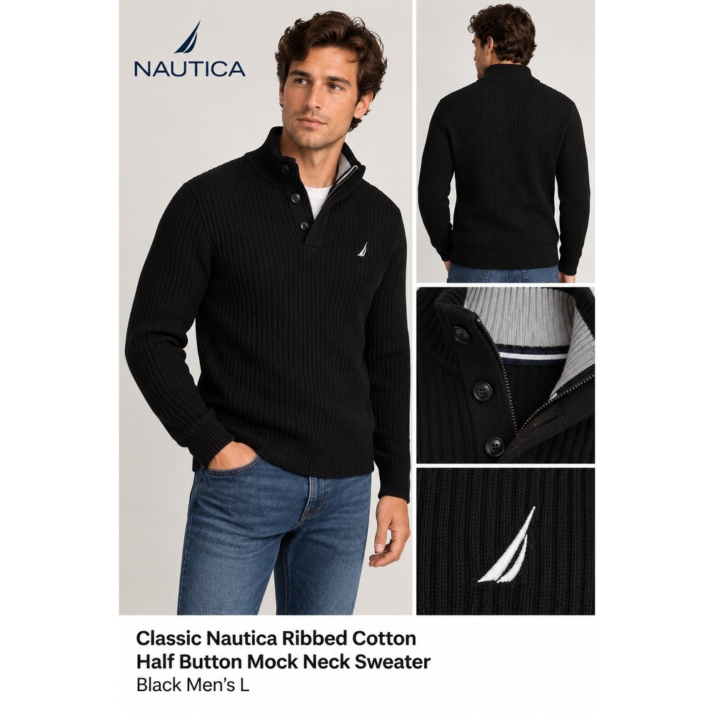 Old Money Preppy Nautical Ribbed Mock Neck Sweater Nautica Black Mens L